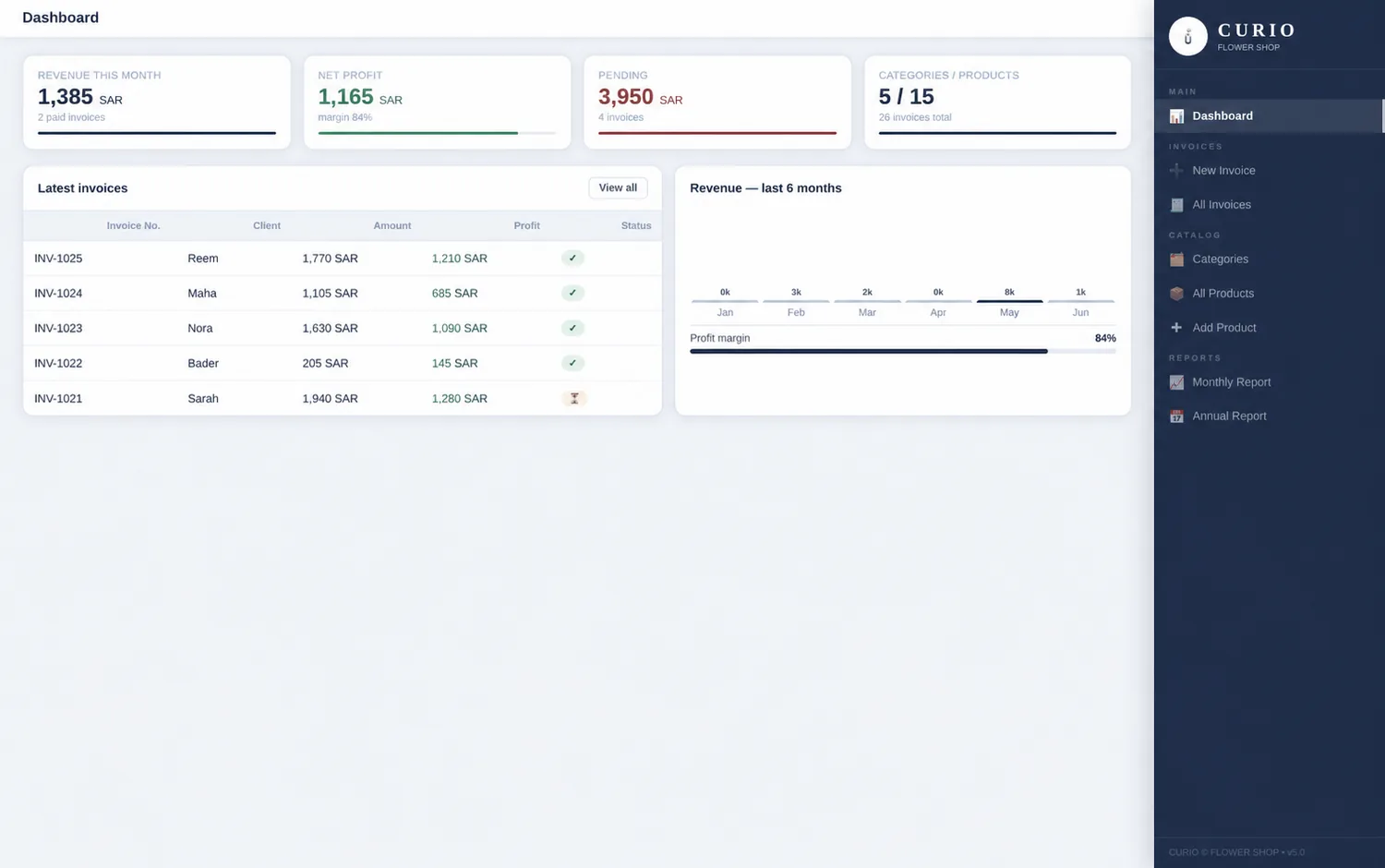 CURIO accounting dashboard in English