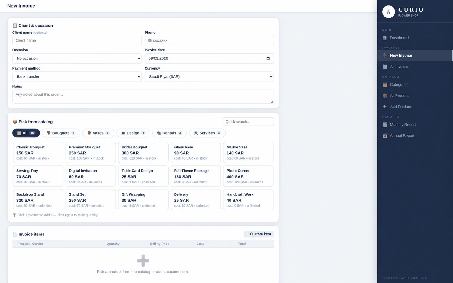 CURIO invoice builder in English